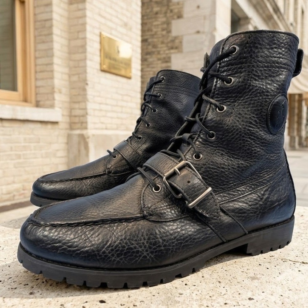 Polo Ralph Lauren Mens Ranger-80-CSL Black Leather Moc Toe Combat Lug Boots 12D